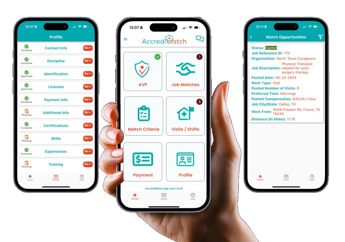 AccrediMatch mobile app — find visits and shifts, manage profile, track payments